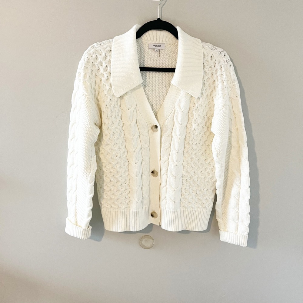 Parker Johnny collar Cableknit Fisherman Cardigan Sweater white small